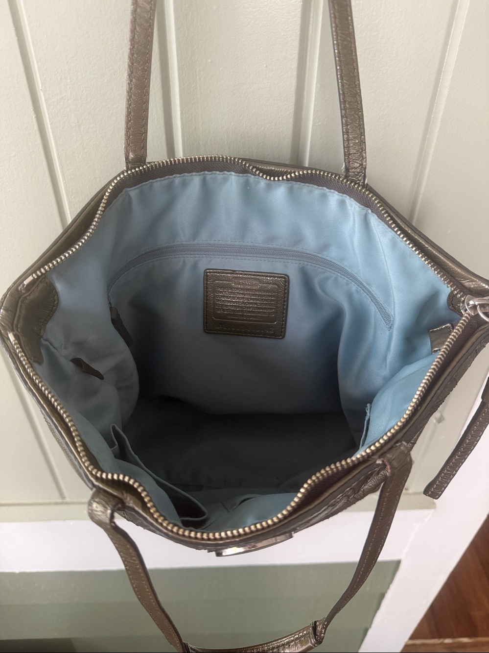 COACH Parker Metallic Leather Tote Olive Bronze Silver Hardware Blue Satin Bag - Picture 13 of 13